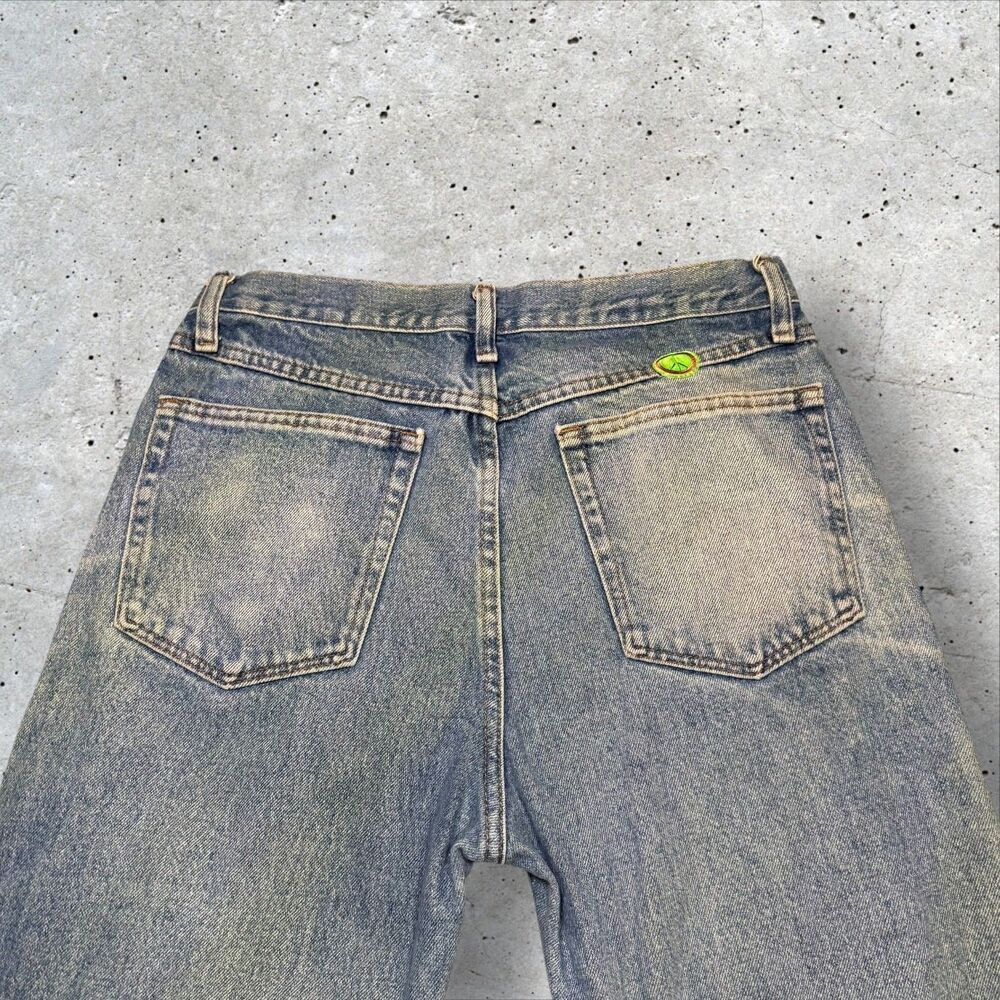 Vintage Light Wash Straight Leg Jeans Mens 33x32 Faded Distressed Raw Hem Peace - Picture 9 of 13